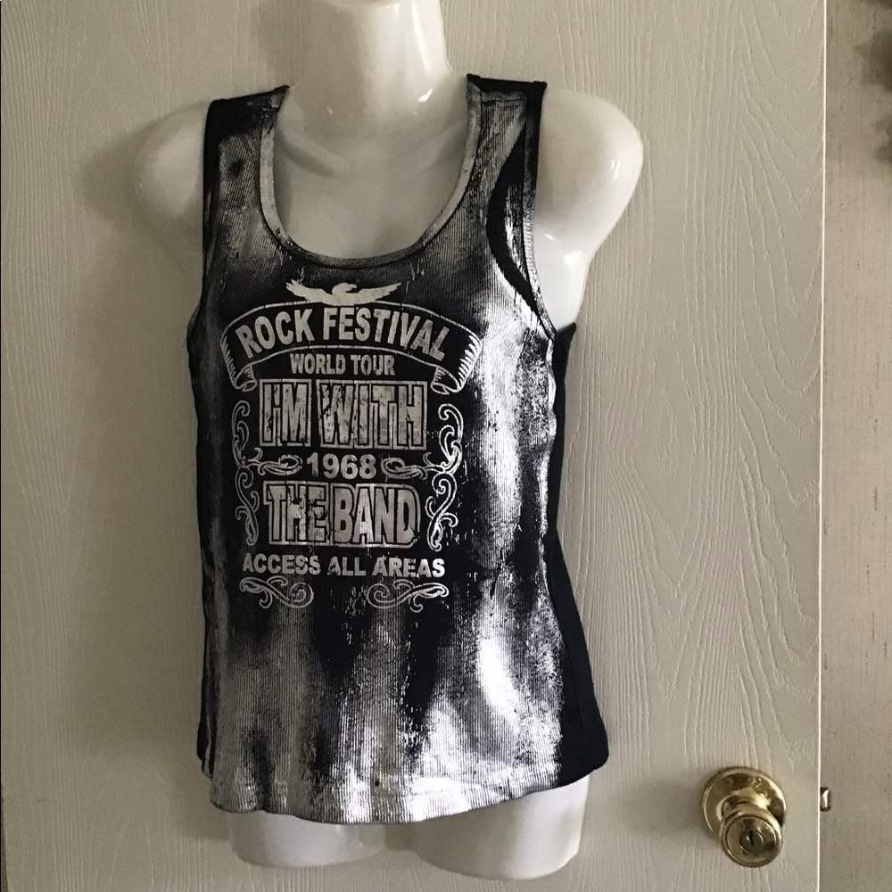 Tank top by Body Central world tour 1968 Size L silver black blend rock …